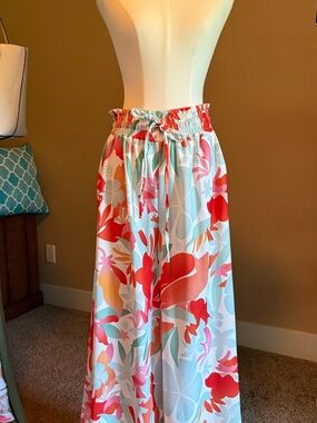 Printed Elastic-Waist flowy pants- Coral & Aqua